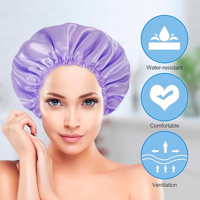 Shower Cap for Women Set of 4, Bath Caps, Double Layers Hair Caps + 4 Satin - Image 4