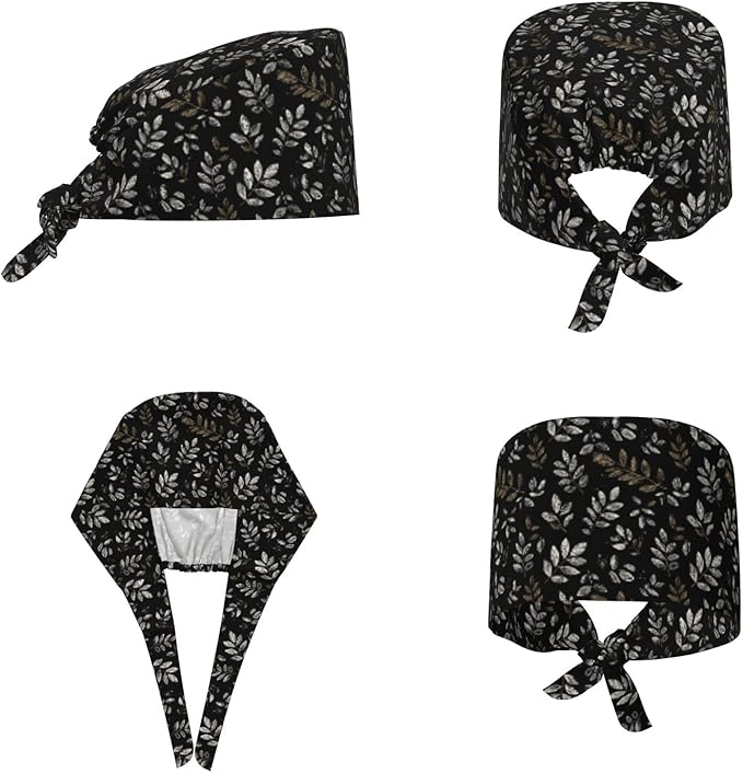 Scrub Cap for Women and Men Boho Black Leaf Pattern Adjustable Breathable - Image 2