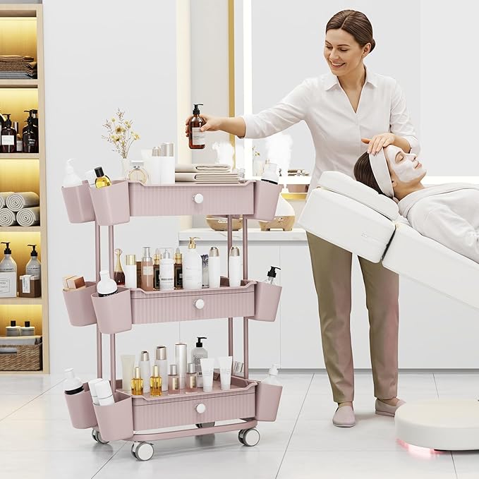 3 Tier Drawer Beauty Cart with 12 Movable Storage Organizer, Thickened ABS & - Image 7
