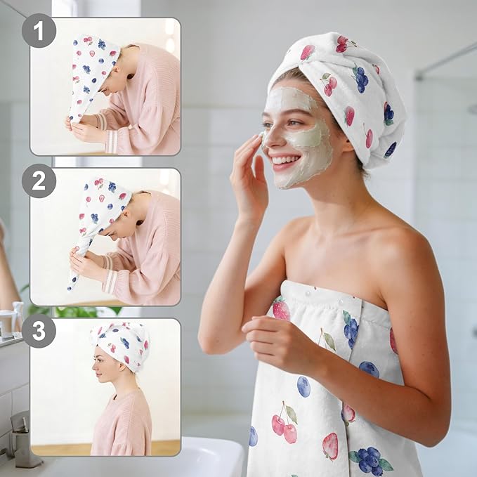 Absorbent Bath Towel Wrap Set for Women, Berries Print Towel Wrap After Shower - Image 6
