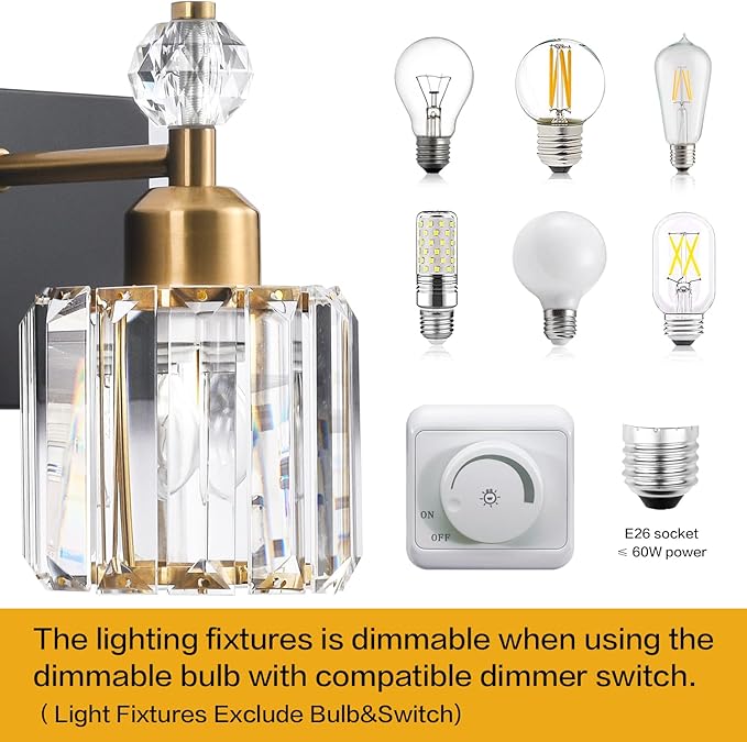 PRESDE 2-Crystal Bathroom Vanity Light Modern Black and Gold Bathroom Lights - Image 6