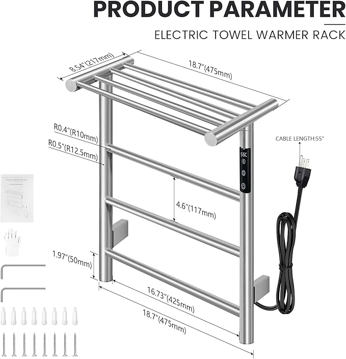 Towel Warmer Wall Mounted with 3 Electric Stainless Steel Heated Bars, Hot - Image 4