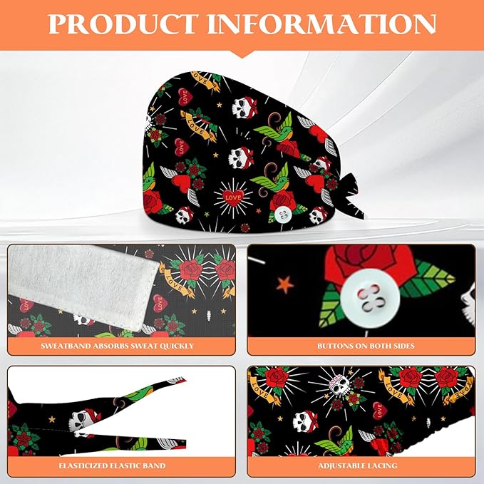 Adjustable Scrub Cap with Buttons & Sweatband, Working Hat with Elastic Tie Back - Image 2