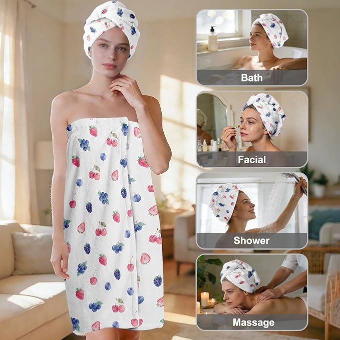 Absorbent Bath Towel Wrap Set for Women, Berries Print Towel Wrap After Shower - Image 2