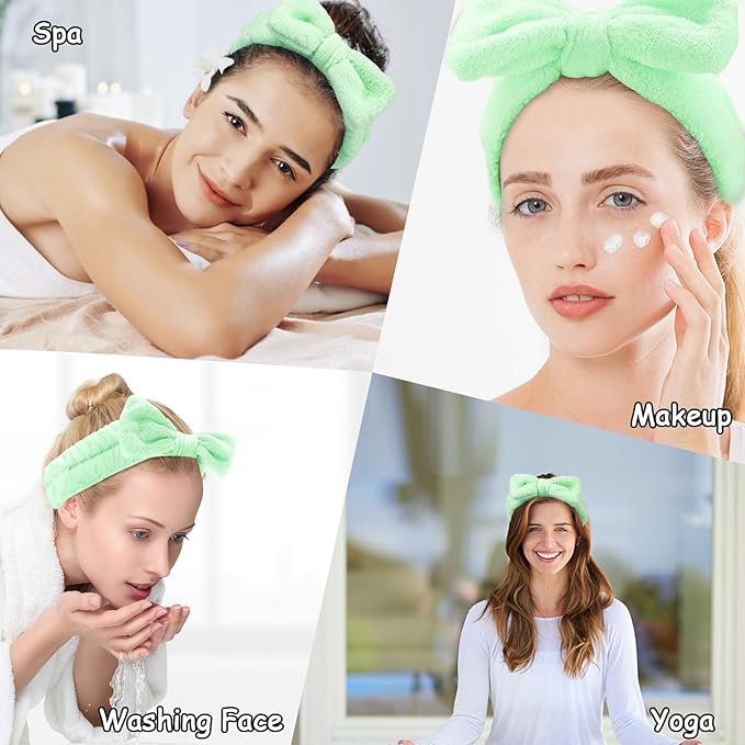 Casoty 6 Pcs Green Spa Headbands, Skin Care Headband, Soft Coral Fleece - Image 3