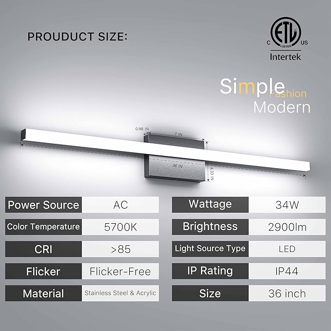 36Inch LED Bathroom Vanity Light Bar 5700K Dimmable Led Bathroom Light Over - Image 2