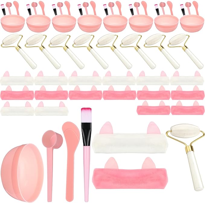 8 Sets Spa Party Supplies include 8 Jade Rollers Face Mask Brushes Face Mask by Threlaco