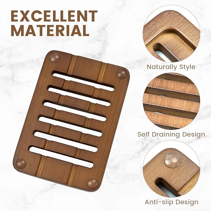 2PCS Self Draining Soap Holders, Rustic Slotted Bamboo Dish Tray, Easy Cleaning - Image 3