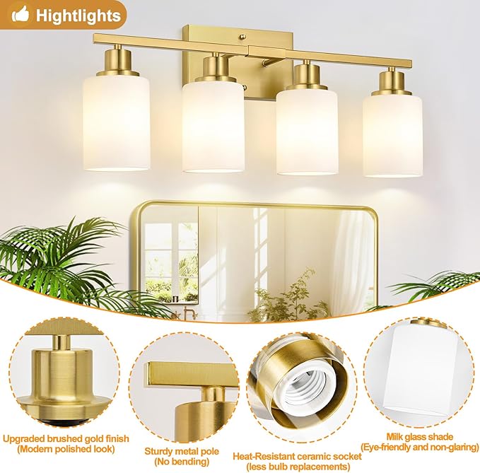 Indoi 4-Light Bathroom Light Fixtures, Brushed Gold Vanity Lights - Image 4