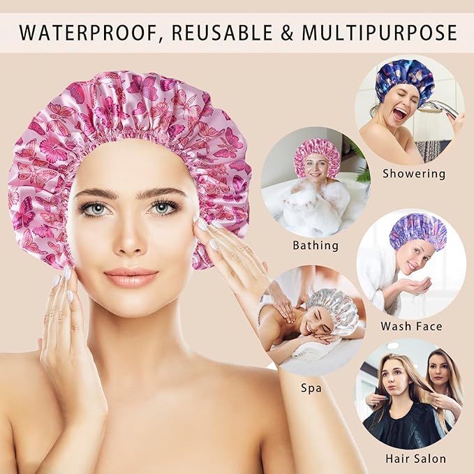 Shower Cap for Women, Double Layers Shower Caps Reusable Waterproof, Bathing - Image 4