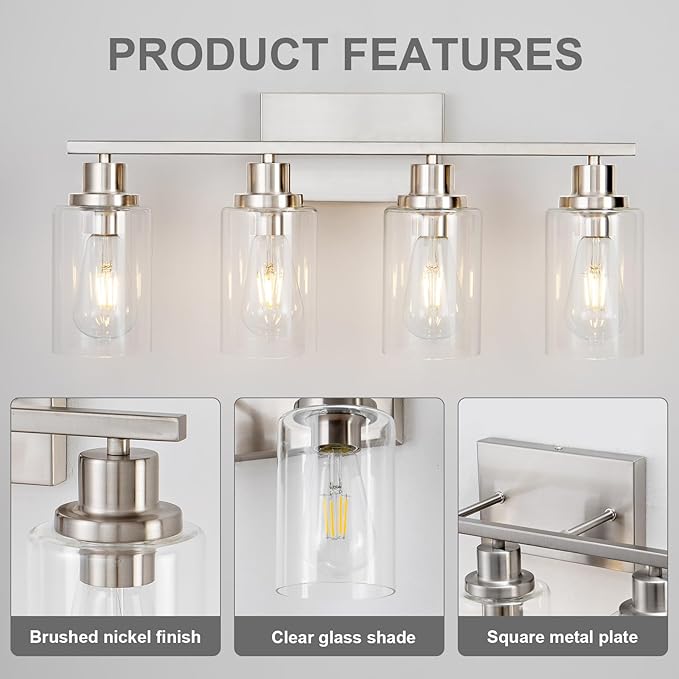 4 Light Bathroom Light Fixtures Brushed Nickel Vanity Light Over Mirror Modern - Image 6