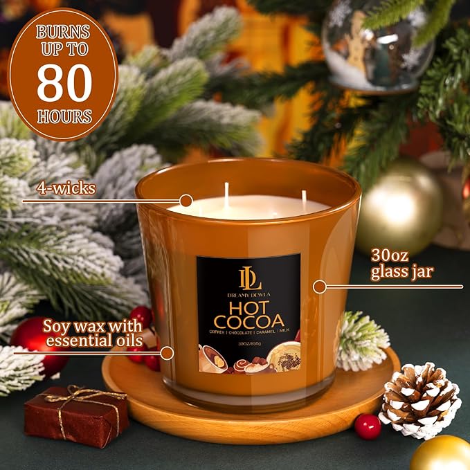 Large Candle Hot Cocoa Scented, 4 Wick Natural Soy Candles - Image 3