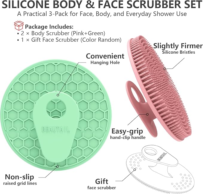 Silicone Body and Face Scrubber Set 3 Pack, BEAUTAIL Shower Bath Scrubber - Image 6