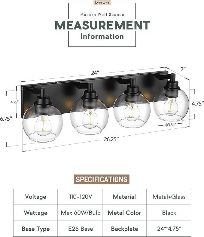 Bathroom Light Fixtures, 4 Light Matte Black Vanity Light, 26 Inch Modern Wall - Image 3