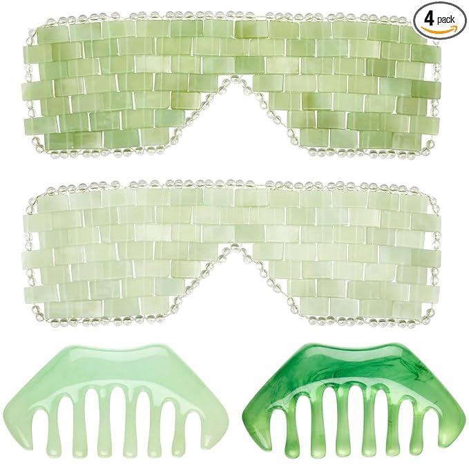 Hercicy 4 Pcs Jade Eye Mask and Hair Comb Set Green Jade Stone Eye Mask White by Hercicy