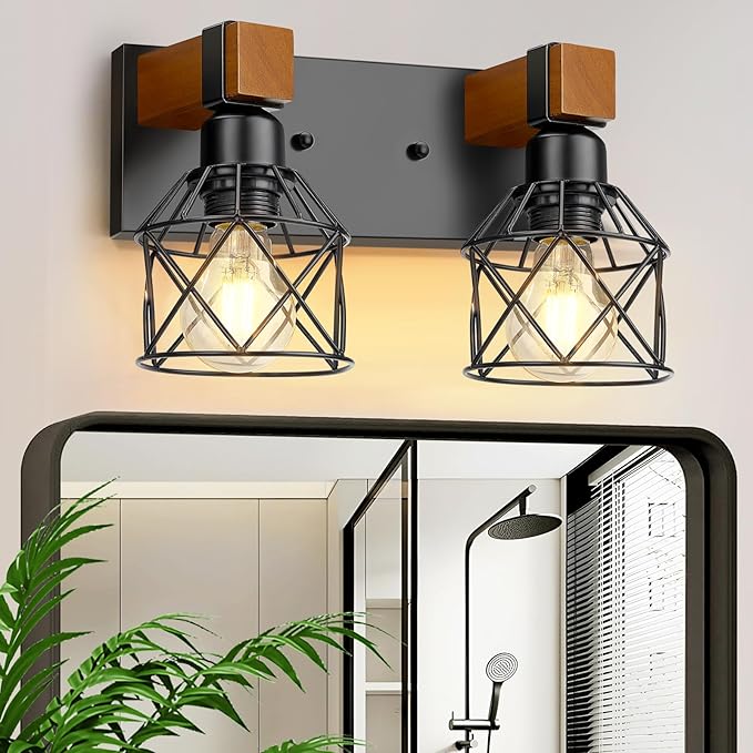 2-Light Farmhouse Bathroom Light Fixtures Over Mirror, Rustic Wood Vanity Lights by Unknown