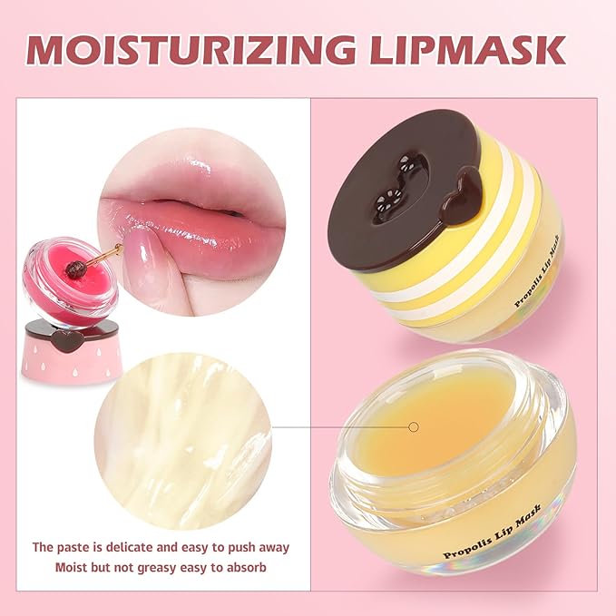 4 PCS Bee Lip Balm Lip Mask Honey Pot, Prevention Lip Dry Set, Strawberry & - Image 7