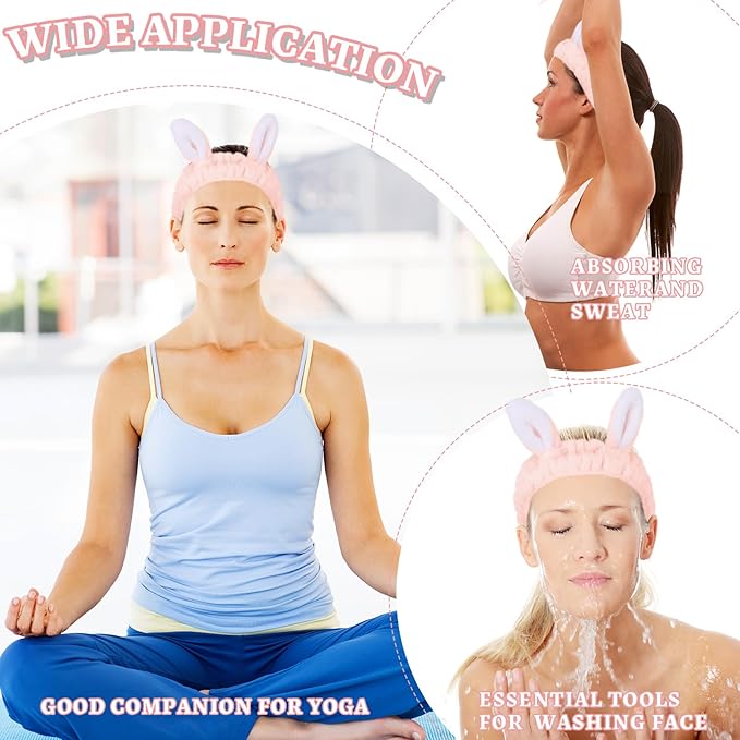 Jowmoy Cute Light Pink Rabbit Ears Headband Frog Eye Elastic to Wash Face - Image 5