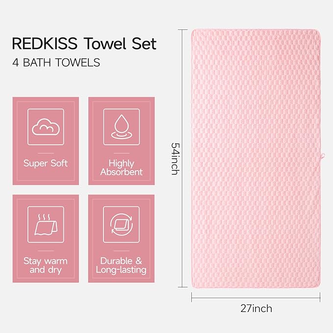 REDKISS 4 Pack Pink Microfiber Bath Towels - Image 2