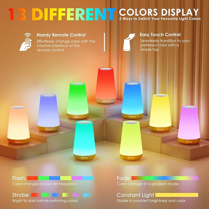 Auxmir LED Night Light 2 Pack Bedside Lamp Touch and Remote Control Dimmable - Image 2