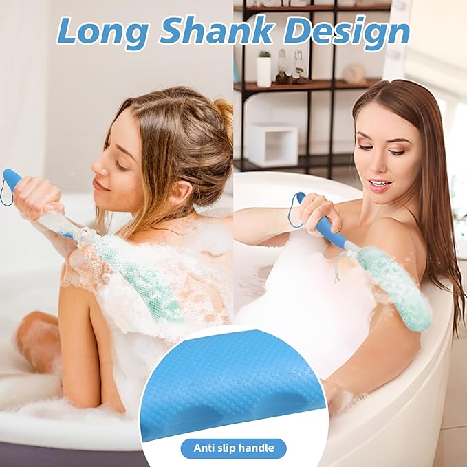15.35" Back Bath Brush with Sponge, Back Scrubber Bath Mesh with Curved Long - Image 2