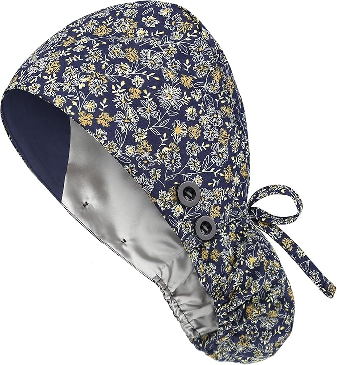 Satin Lined Scrub Caps with Buttons & Sweathand, Surgical Caps by Yuest