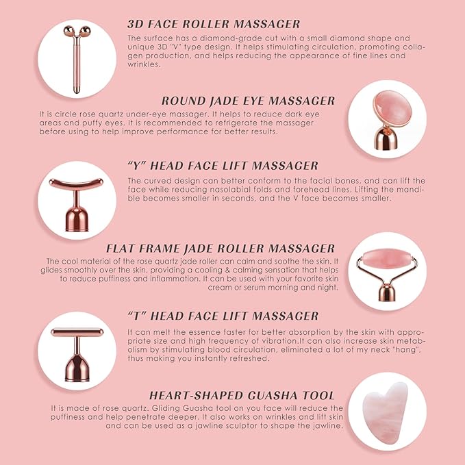 7pcs Facial Jade Roller and Gua Sha Kit, 100% Natural Jade Stone Face Massager - Image 7