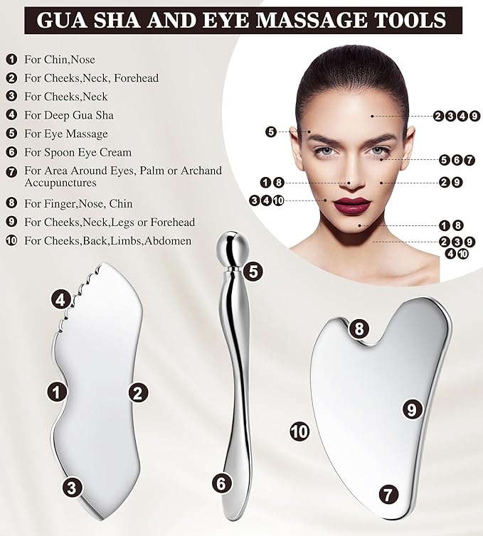 Gua Sha Facial Tools, 3 in 1 Stainless Steel Metal Guasha & Eye Cream - Image 2