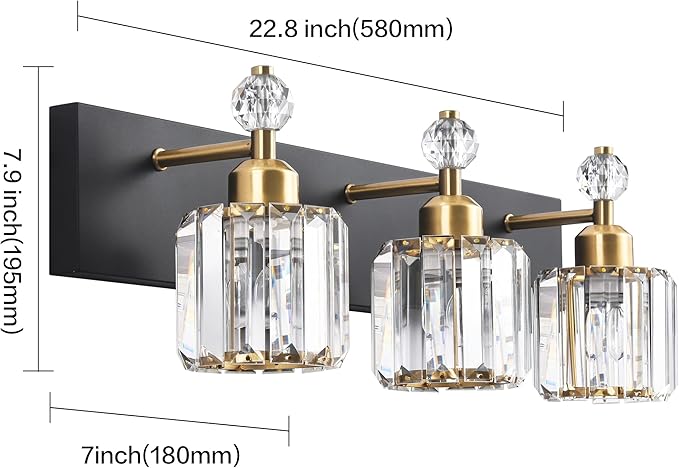 PRESDE Crystal 3 Light Bathroom Vanity Lights Black and Gold Bathroom Lights - Image 4