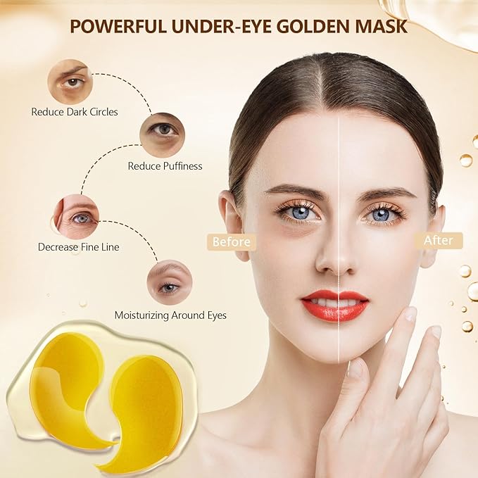 24K Gold Eye Mask 60Pcs, 5 Portable Golden Collagen Under Eye Patches, 30 Pairs - Image 2