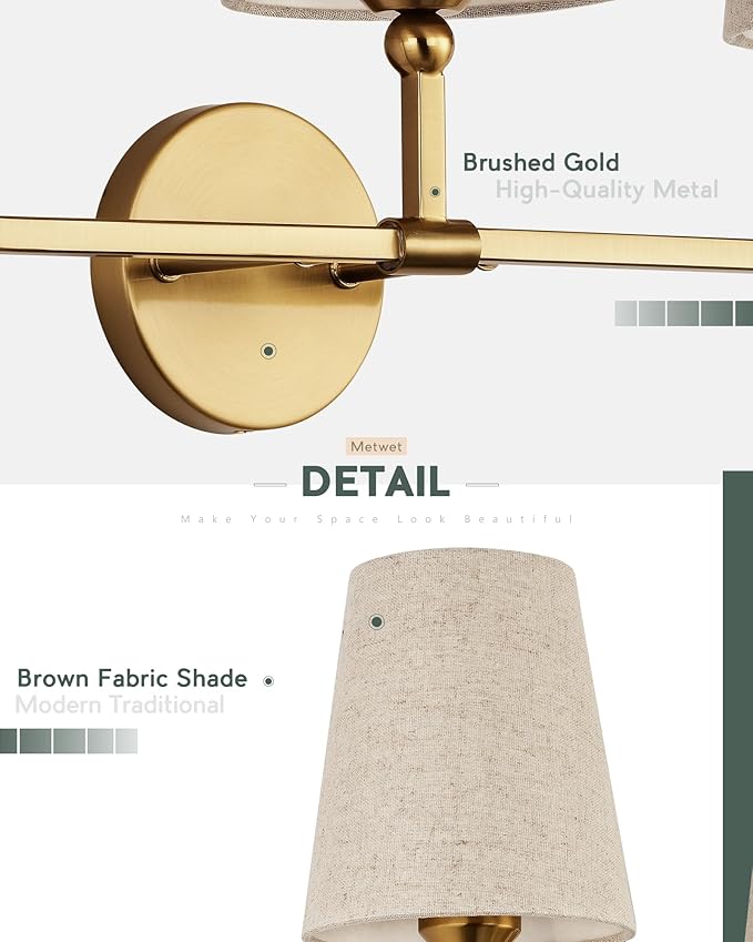 3-Light Bathroom Light Fixtures, Brushed Gold Vanity Lights - Image 3