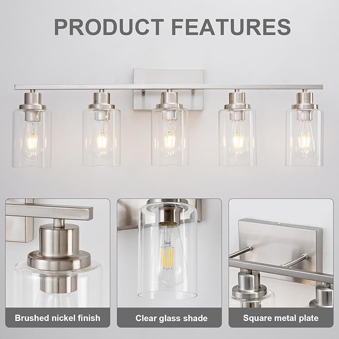 5 Light Bathroom Light Fixtures Brushed Nickel Vanity Light Over Mirror Modern - Image 7