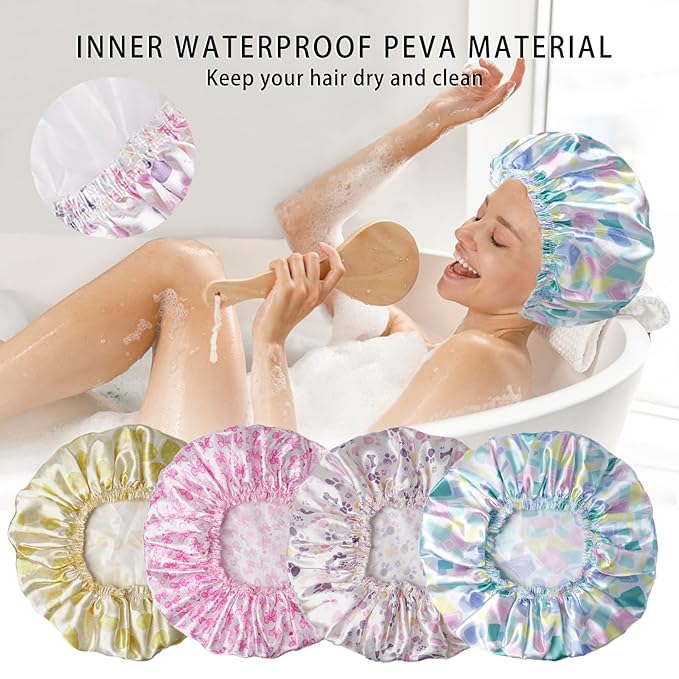 Shower Caps for Women, Double Layers Shower Cap Reusable Waterproof, Bathing - Image 7
