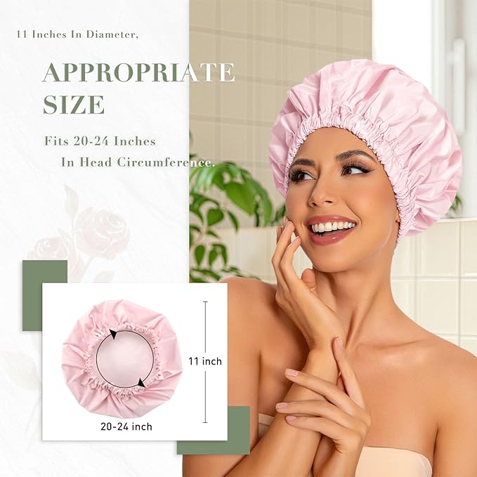 Reusable Shower Cap for Women, Large Waterproof Shower Bonnet Washable Elastic - Image 3