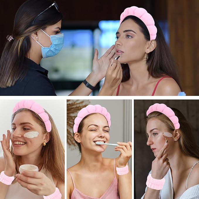 6Pcs Pink Spa Headband and Wrist Washband Set, Skincare Makeup Headband - Image 6