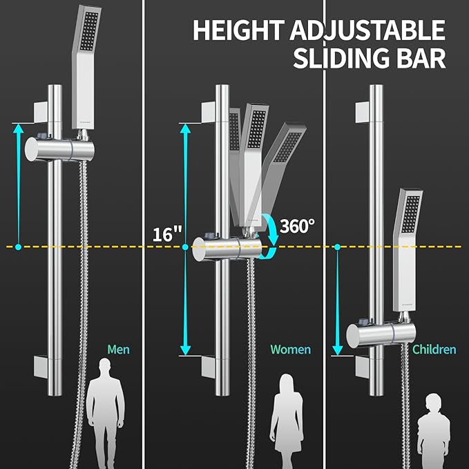 SR SUN RISE 12 Inch Slide Bar Shower System, Square Rain Shower Head and - Image 4