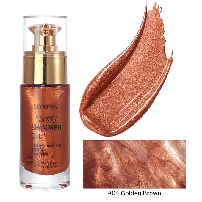 Liyalan Shimmer Body Oil Golden Brown Color 1.0 fl.oz Face Glow Pearl - Image 9