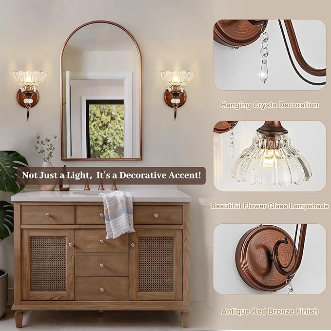 1 Piece Vintage Wall Sconce, 1-Light Matte Antique Red Bronze Finish Wall Sconce - Image 3