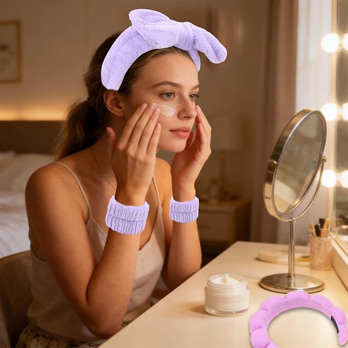 Purple Spa Headband and Wristband Set, Soft Elastic Face Washing Accessories - Image 3