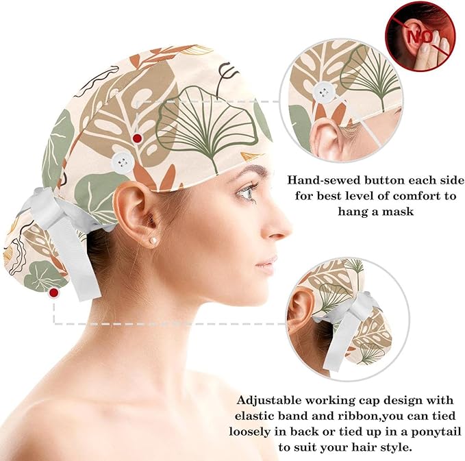 Women Working Cap with Buttons Bouffant Hat Autumn Leaves Nurse Scrub Caps Long - Image 3