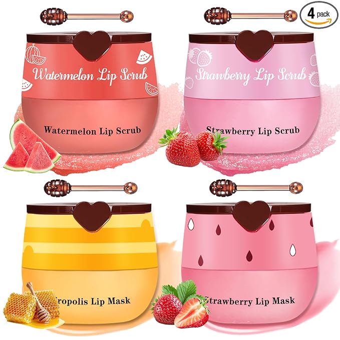 4PCS Lip Scrub and Mask Set, Strawberry and Honey Pot Lip Balm, Repair Bee Lip by LZXLUKGIR