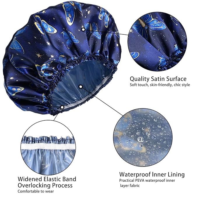 4 PCS Shower Cap for Women, Elastic and Reusable Bath Caps, Double Layers - Image 5
