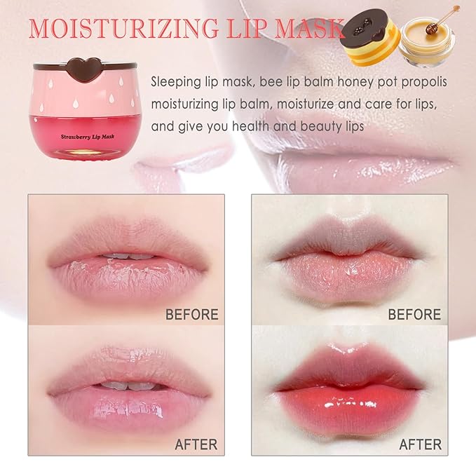 2 PCS Bee Lip Balm Lip Mask Honey Pot, Honey & Strawberry Lip Mask Propolis - Image 2