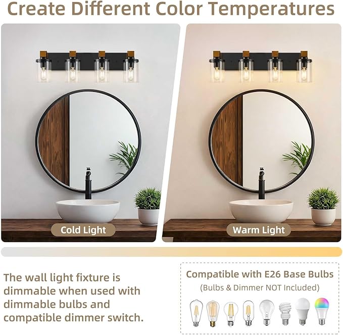 4-Light Farmhouse Bathroom Light Fixtures, Wood Matte Black Vanity Lights Over - Image 5