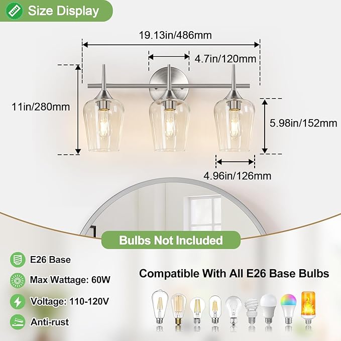 MOKATNG 3-Light Bathroom Light Fixtures, 19.5 in Brushed Nickle Vanity Lights - Image 7