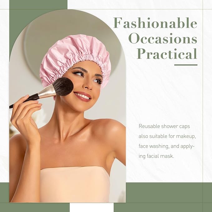 Reusable Shower Cap for Women, Large Waterproof Shower Bonnet Washable Elastic - Image 2
