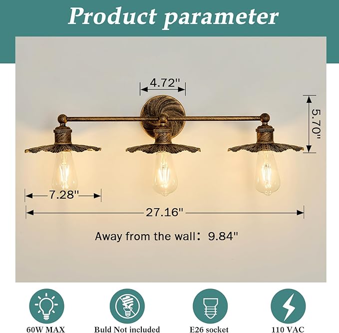 ZGLAOJT 3 Light Vintage Vanity Light Oil Rubbed Bronze Bathroom Light Fixtures - Image 2