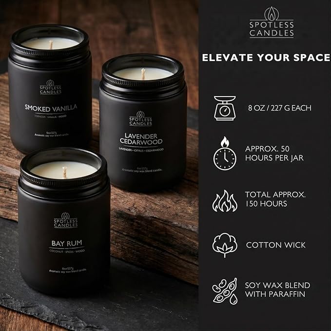 Mens Candle 3 x 8oz Pack Smoked Vanilla Bay Rum and Lavender Cedarwood Scents - Image 4