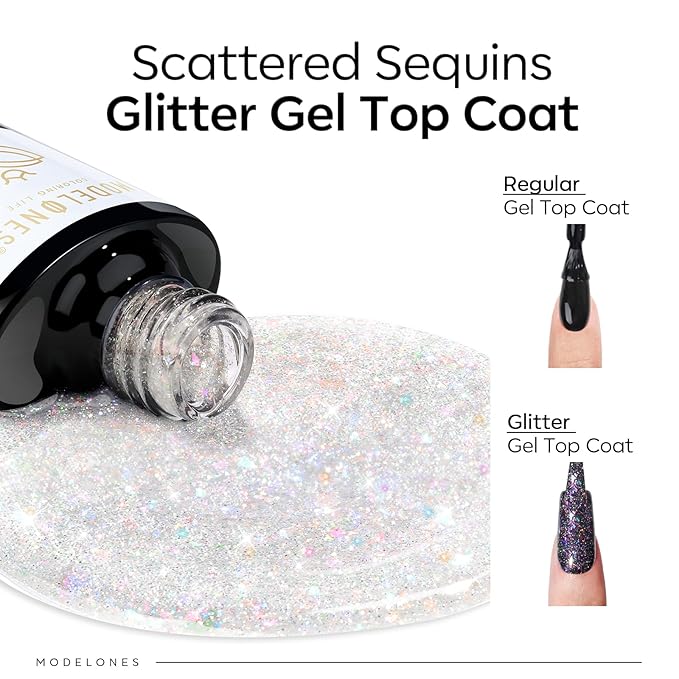 modelones Glitter Gel Nail Polish Top Coat, Rainbow Confetti Gel Top Coat - Image 2
