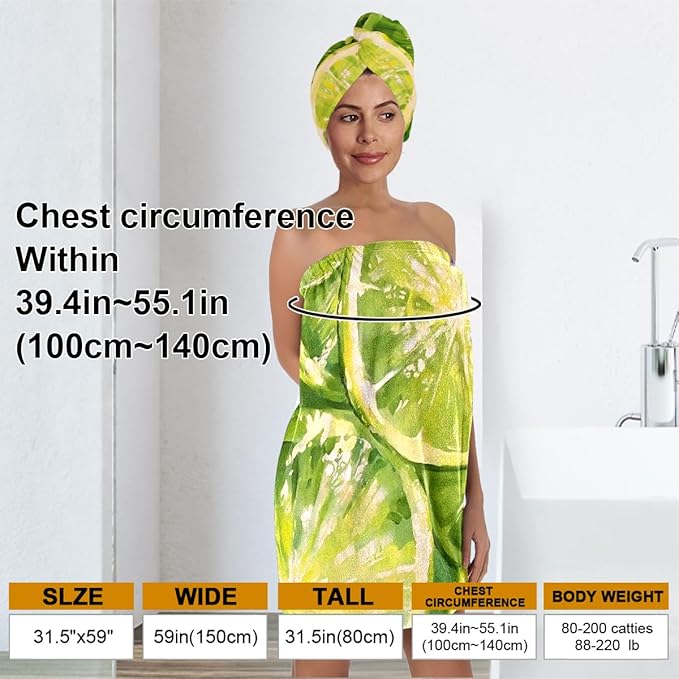 Women’s Citrus Bath Skirt and Hair Towel Wrap Set, Lightweight Absorbent - Image 3